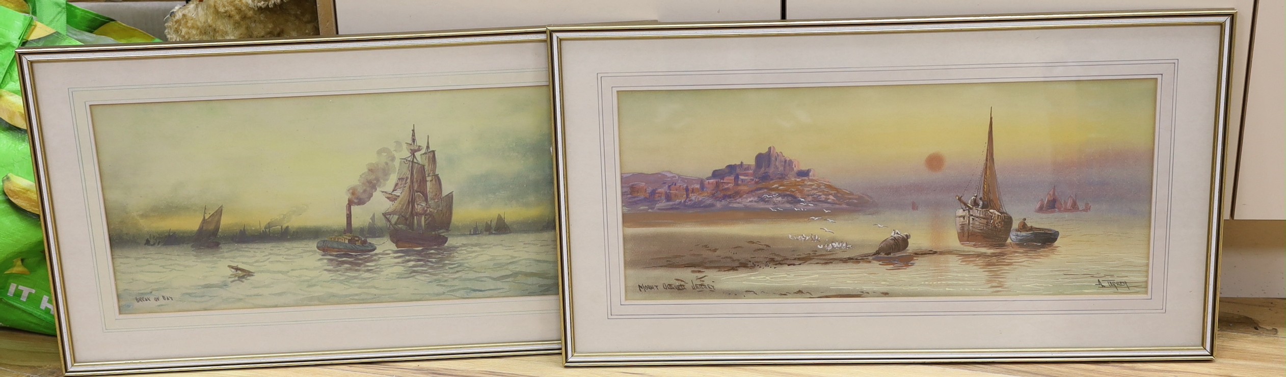 A. Turner, pair of watercolours, 'Break of Day' and 'Mount Orgueil, Jersey', signed, 25 x 59cm